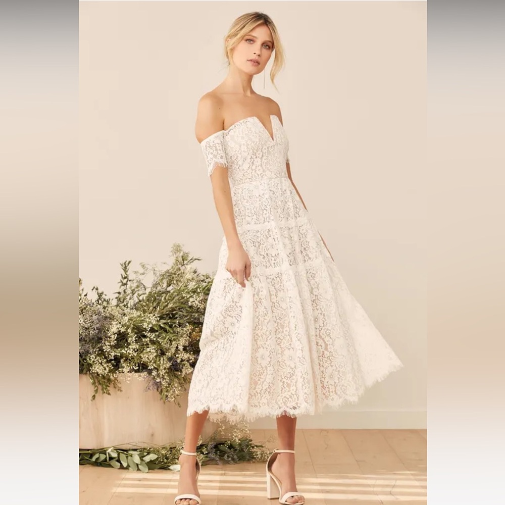 Lulu’s Absolutely Stunning White Lace Off-the-Shoulder Midi Dress